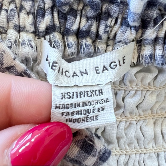 American Eagle Smocked Cross Back Mini Babydoll Dress Blue Floral Gingham XS - Picture 5 of 5